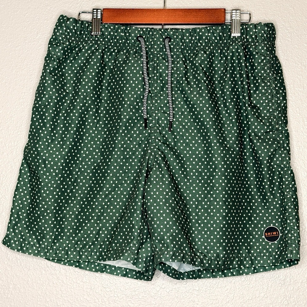 Shiwi Swim Trunks XL Green Geometric Print Drawstring Lined‎ Beach Shorts